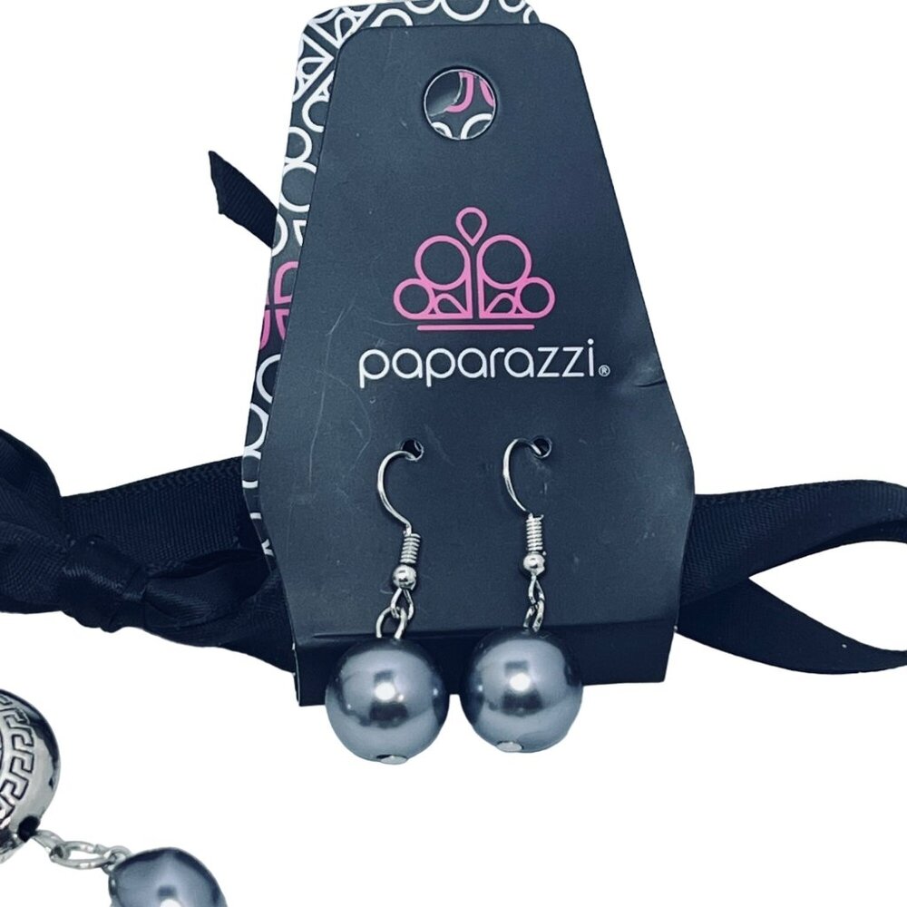 Paparazzi Silver Tone, Gray And Black Necklace W/Pierced Earrings Set (5459) - Picture 3 of 5